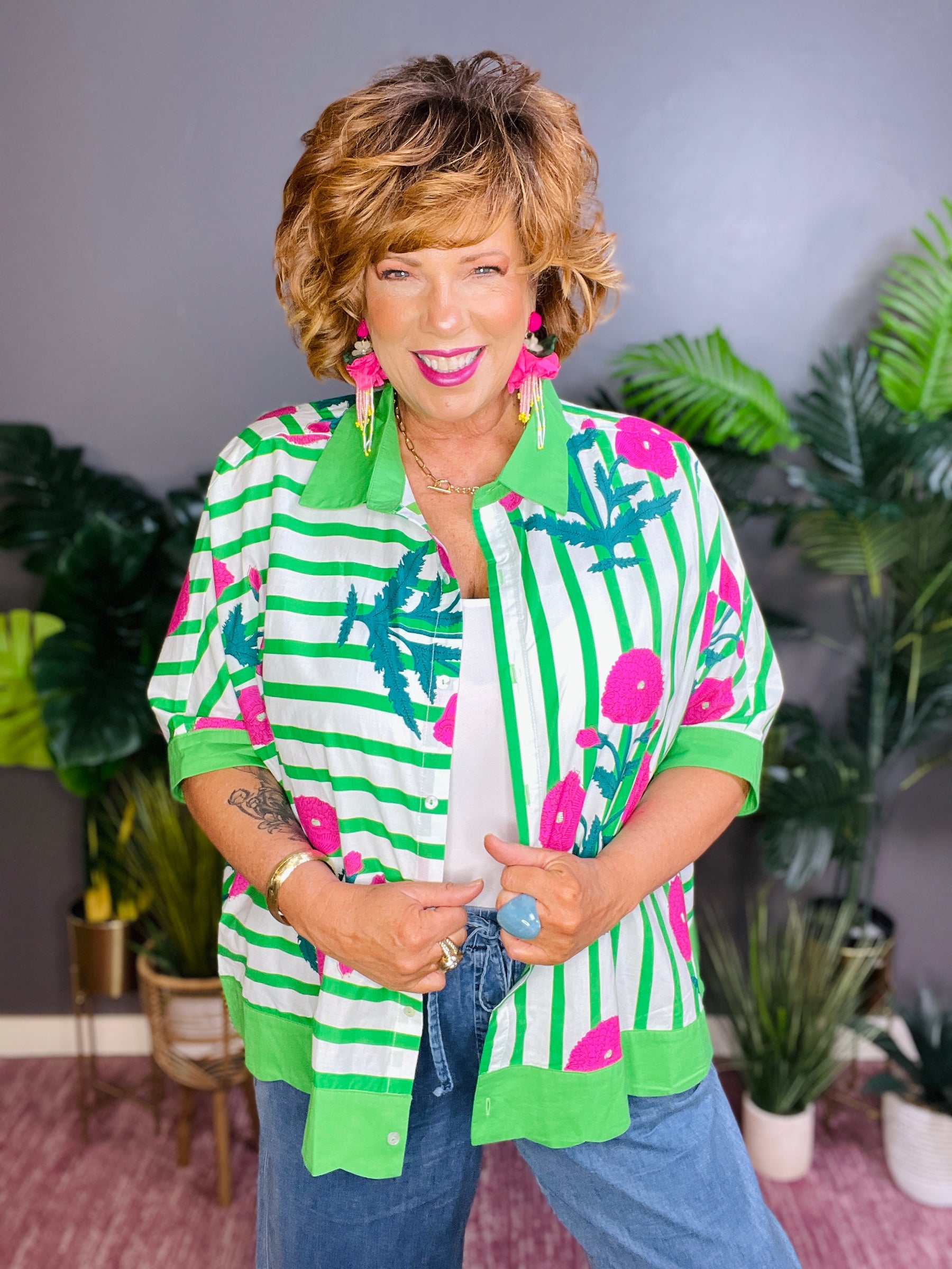 Dashing Darling Green Floral Stripe Top