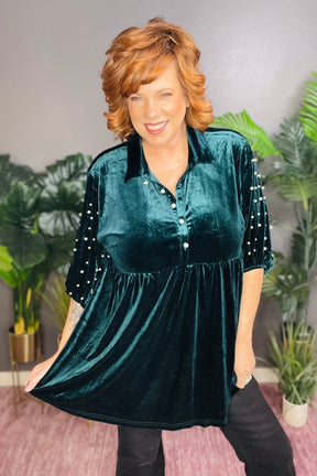 Pretty As A Pearl Hunter Green Velvet Top - S215HG