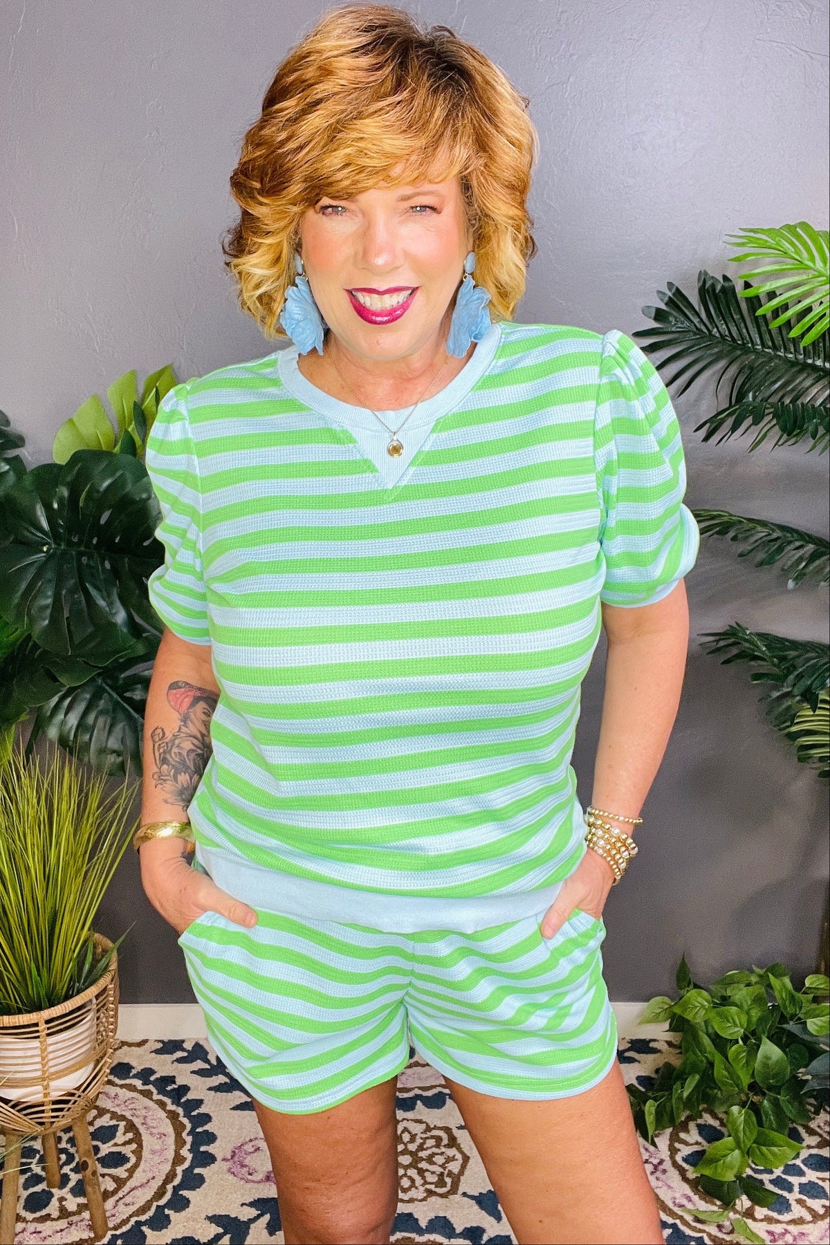 Girl On The Go Green Stripe Top And Shorts Set