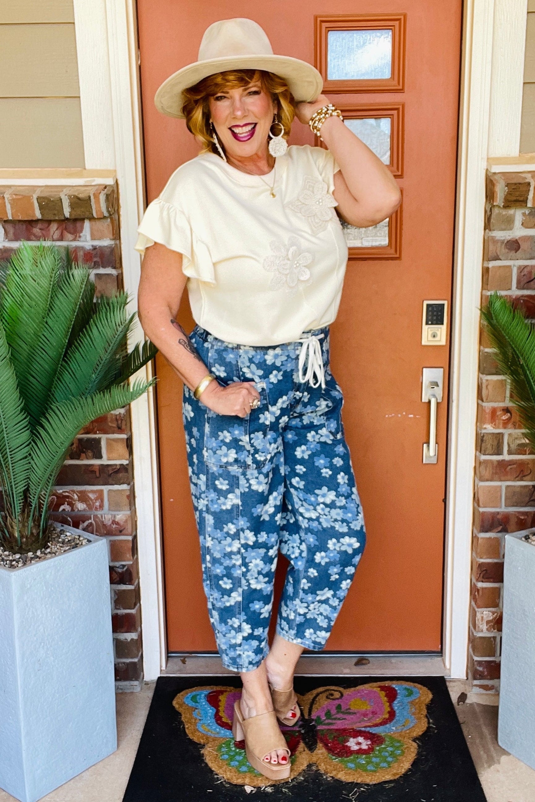Boho Living Floral Printed Drawstring Barrel Jeans