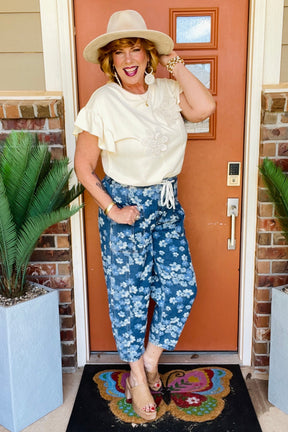 Boho Living Floral Printed Drawstring Barrel Jeans