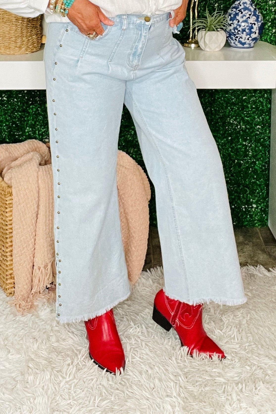 Delaney Studded Side Slit Frayed Wide Leg Jeans