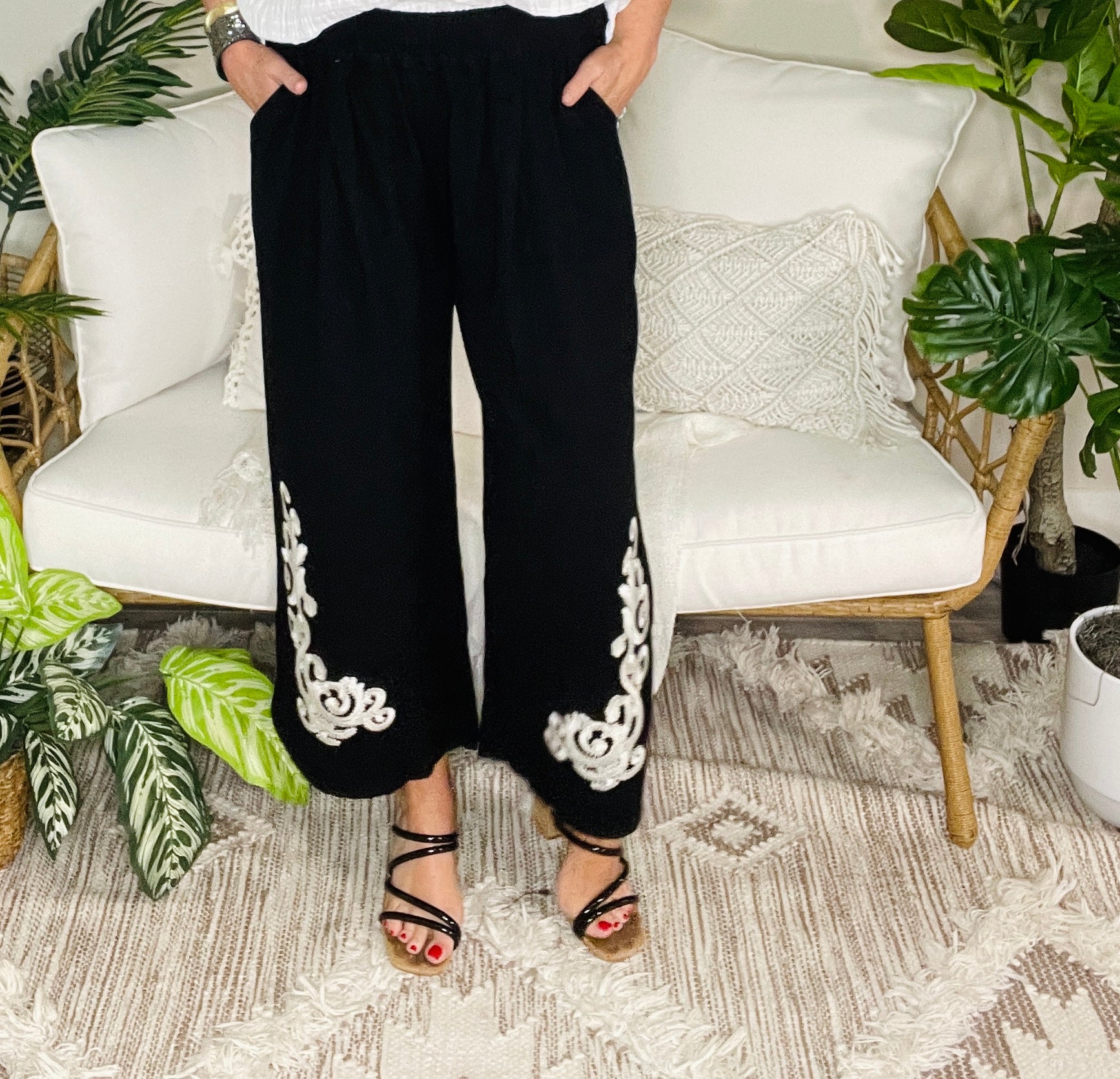 Wander And Wild Linen Embroidered Wide Leg Boho Pants