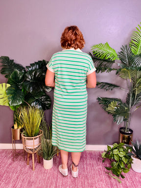 Vacay Bound Green Stripe Midi Dress with Pockets