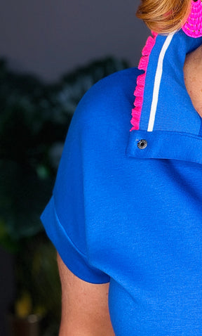 Her Own Time Blue Contrast Frilled Trim Knit Top