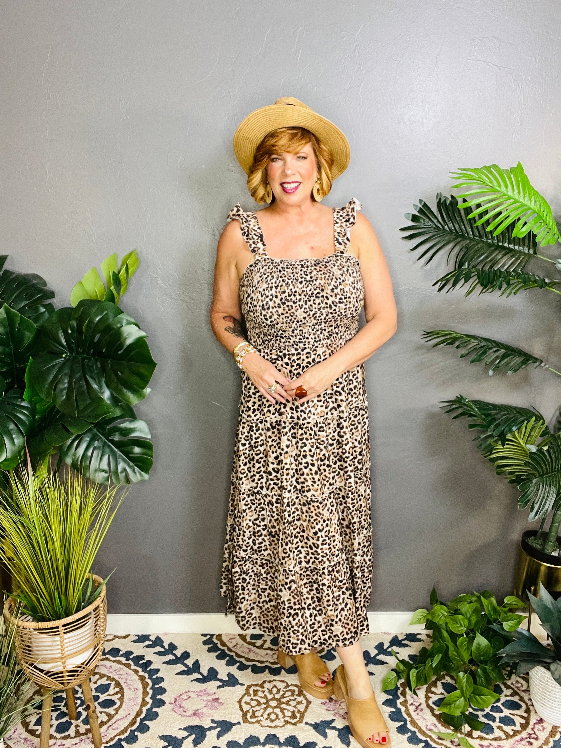 Talk Of The Town Smocked Tiered Leopard Maxi Dress