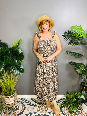 Talk Of The Town Smocked Tiered Leopard Maxi Dress
