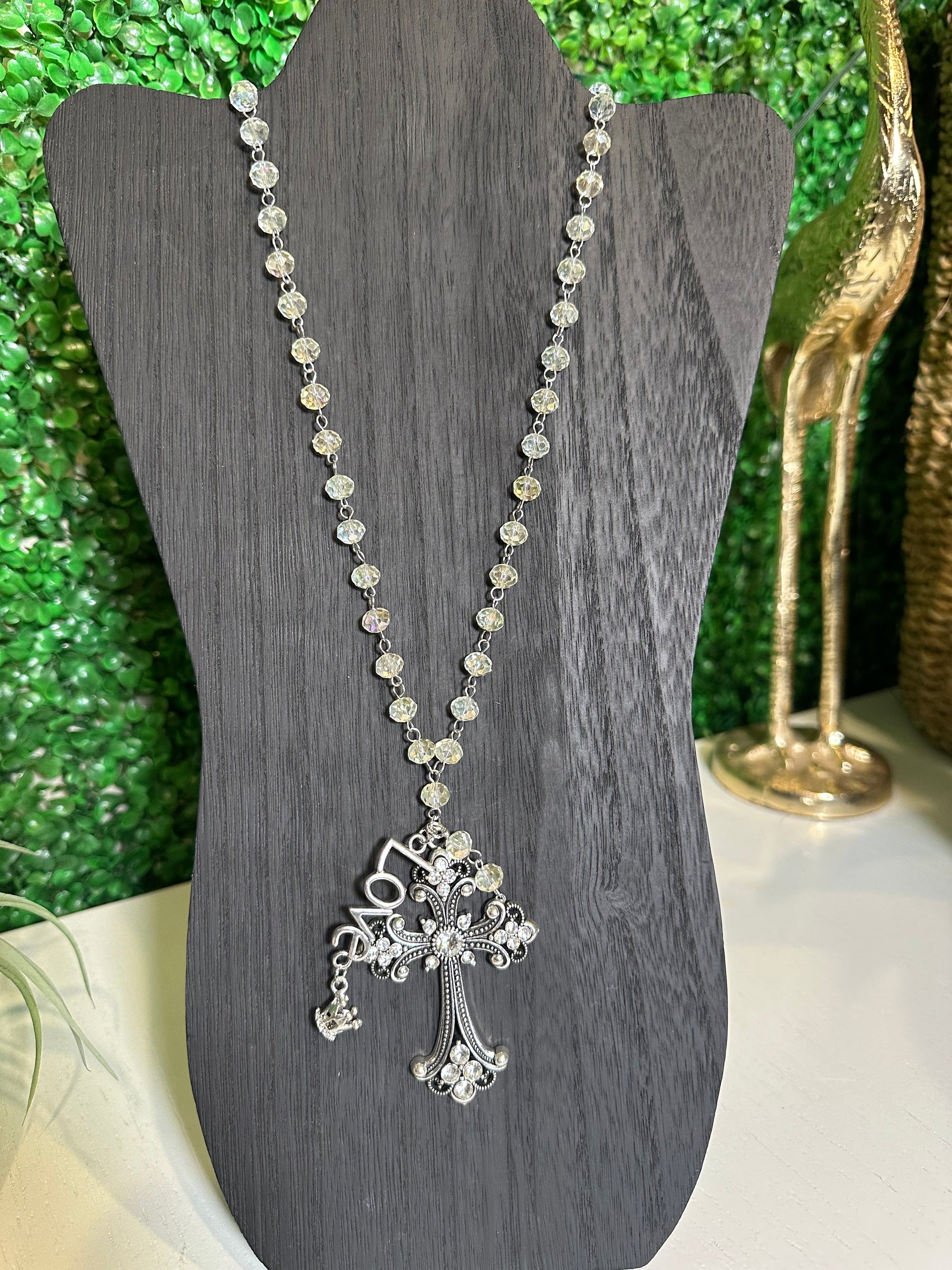 Silver Crystal Cross Charm Necklace - N114CR