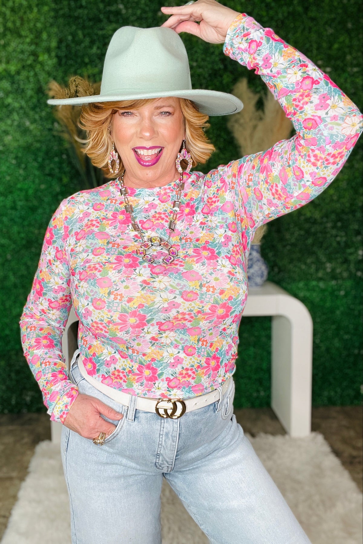 Dress You Up Pink Floral Mesh Top - S368PK