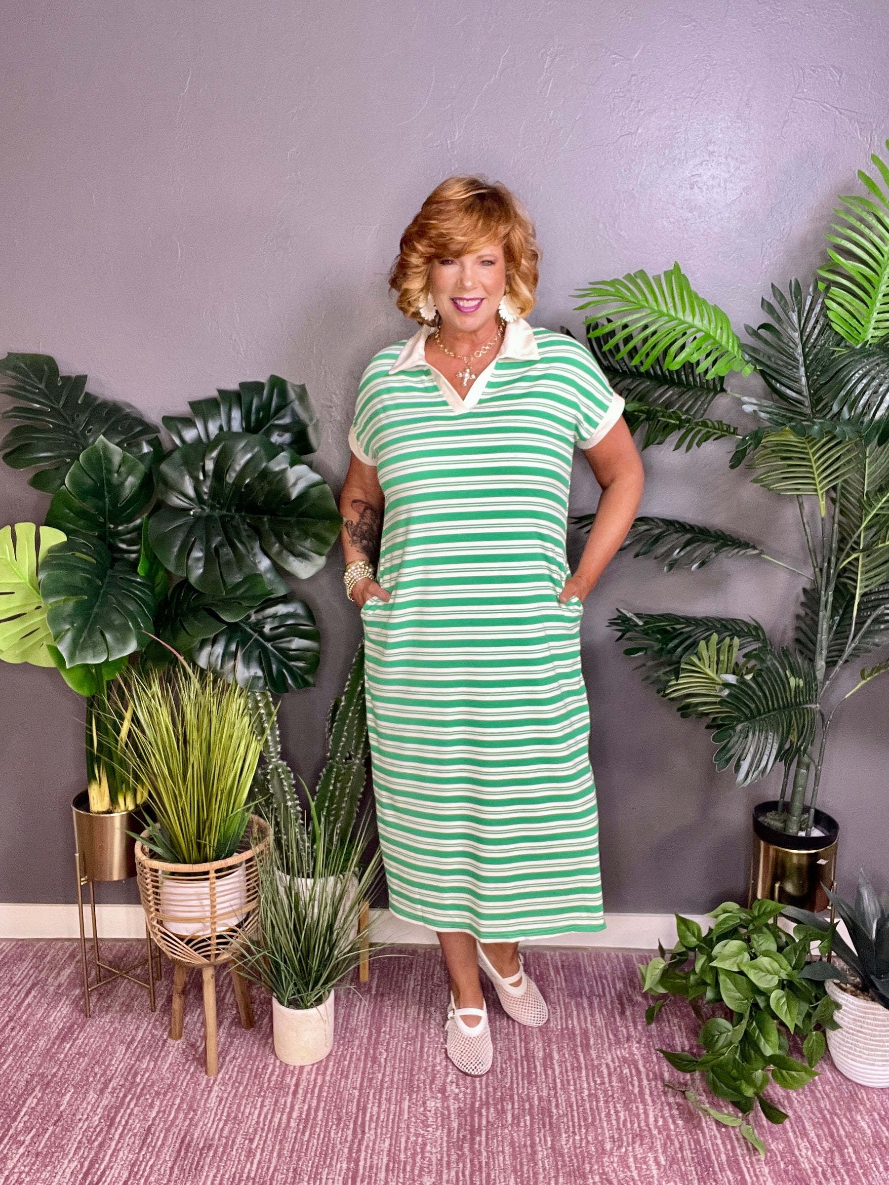 Vacay Bound Green Stripe Midi Dress with Pockets