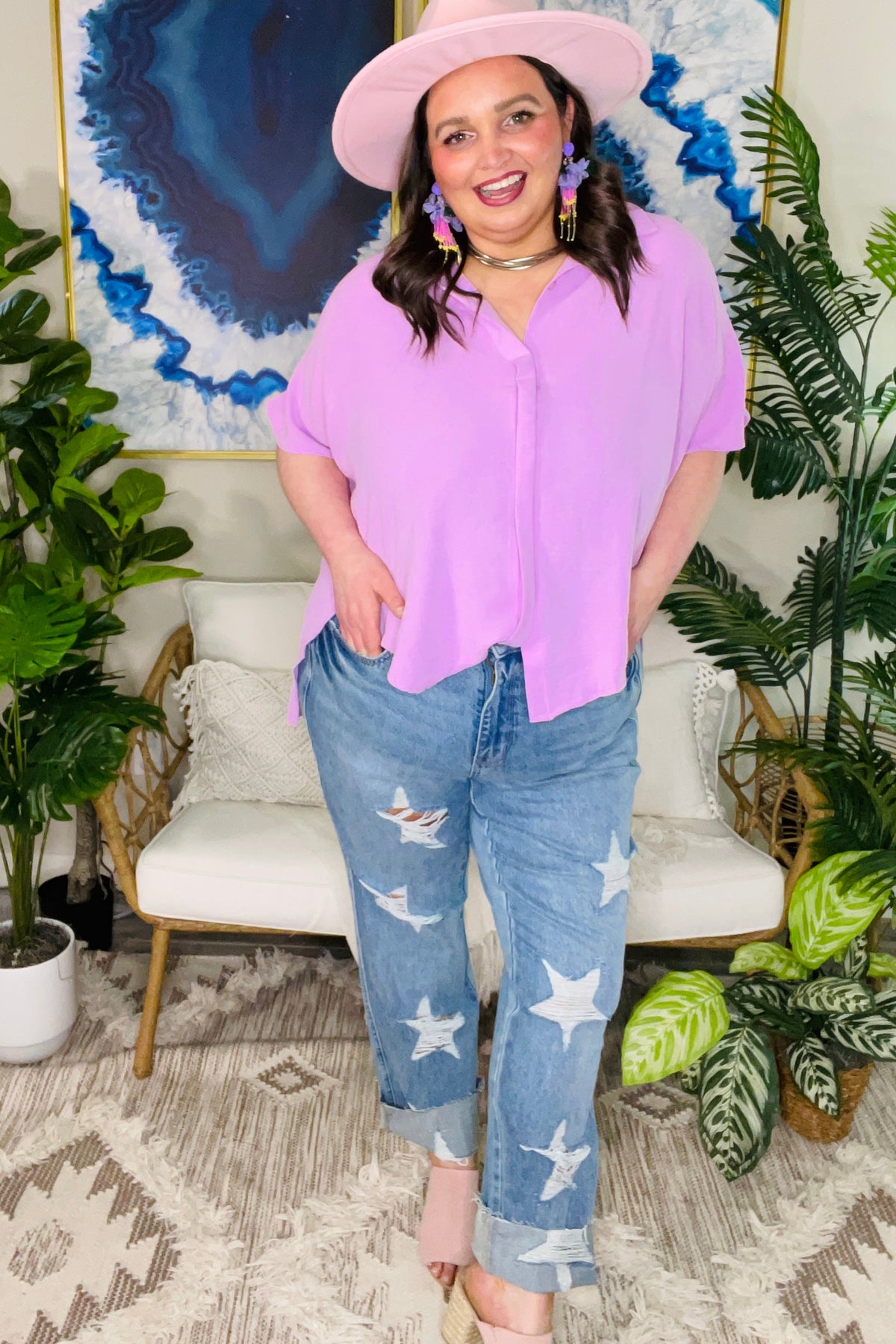 Celeste High Waist Star Shaped Destroy Straight Jeans