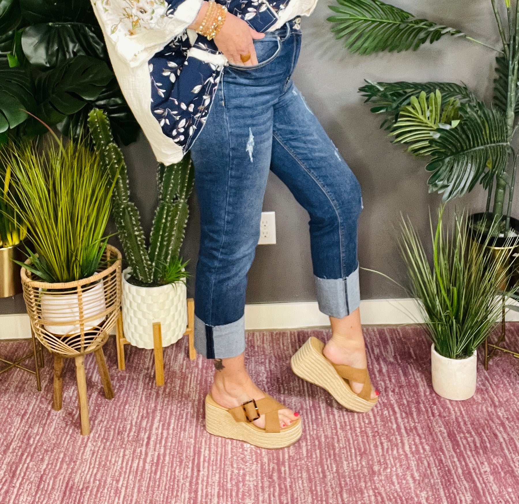 Cara High Waist Dark Blue Distressed Straight Leg Jeans