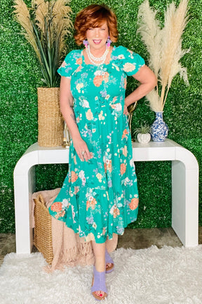 Garden Stroll Floral Print Smocked Tiered Midi Dress
