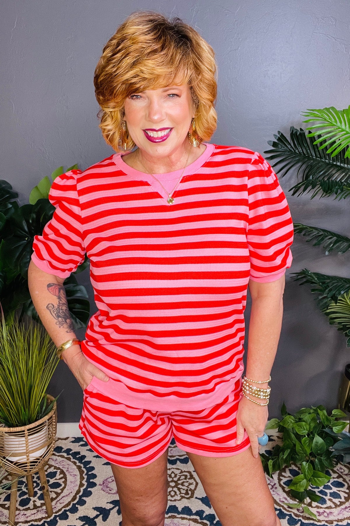 Girl On The Go Red Stripe Top And Shorts Set