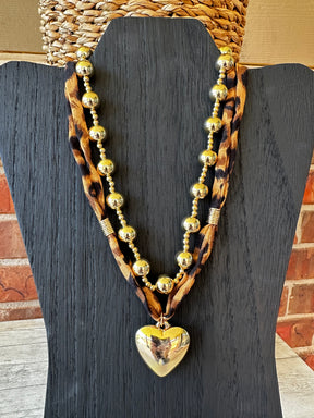 Mixed Beads Heart Charm Leopard Scarf Necklace - N156LE