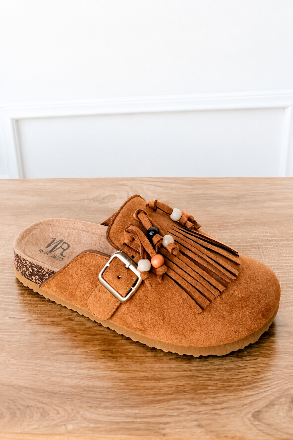 Sadie Western Fringe Beaded Flat Mules in Tan