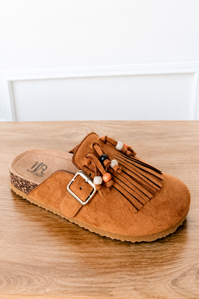 Sadie Western Fringe Beaded Flat Mules in Tan