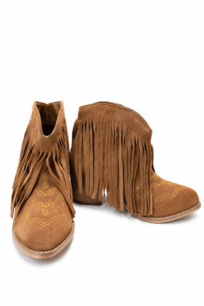 Amos Fringe Ankle Bootie in Tan Suede