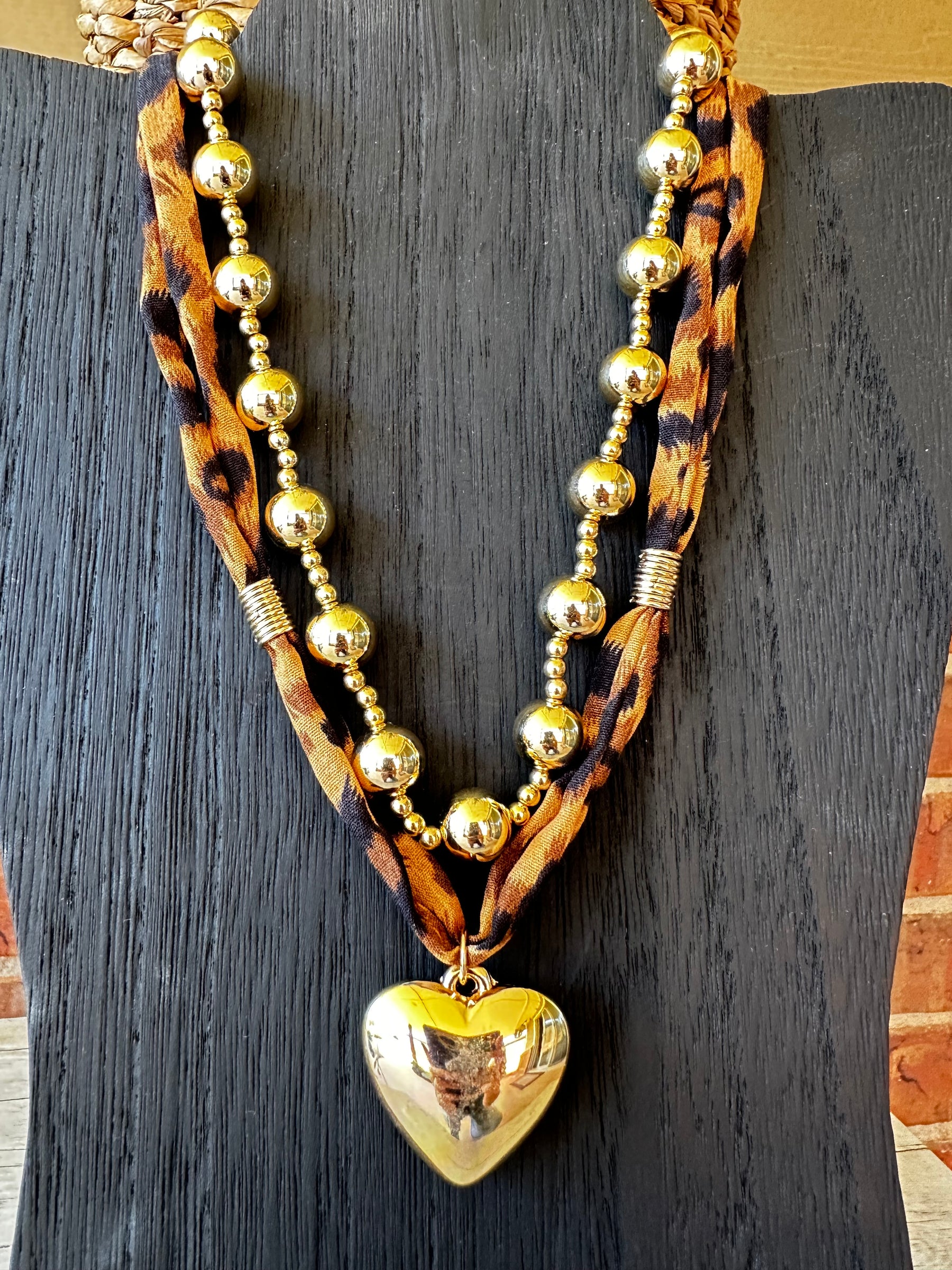 Mixed Beads Heart Charm Leopard Scarf Necklace - N156LE