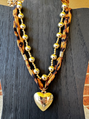 Mixed Beads Heart Charm Leopard Scarf Necklace - N156LE
