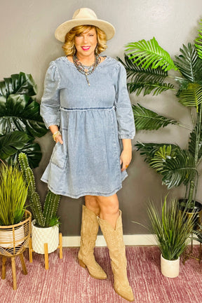 Chic In Denim Dress with Pockets