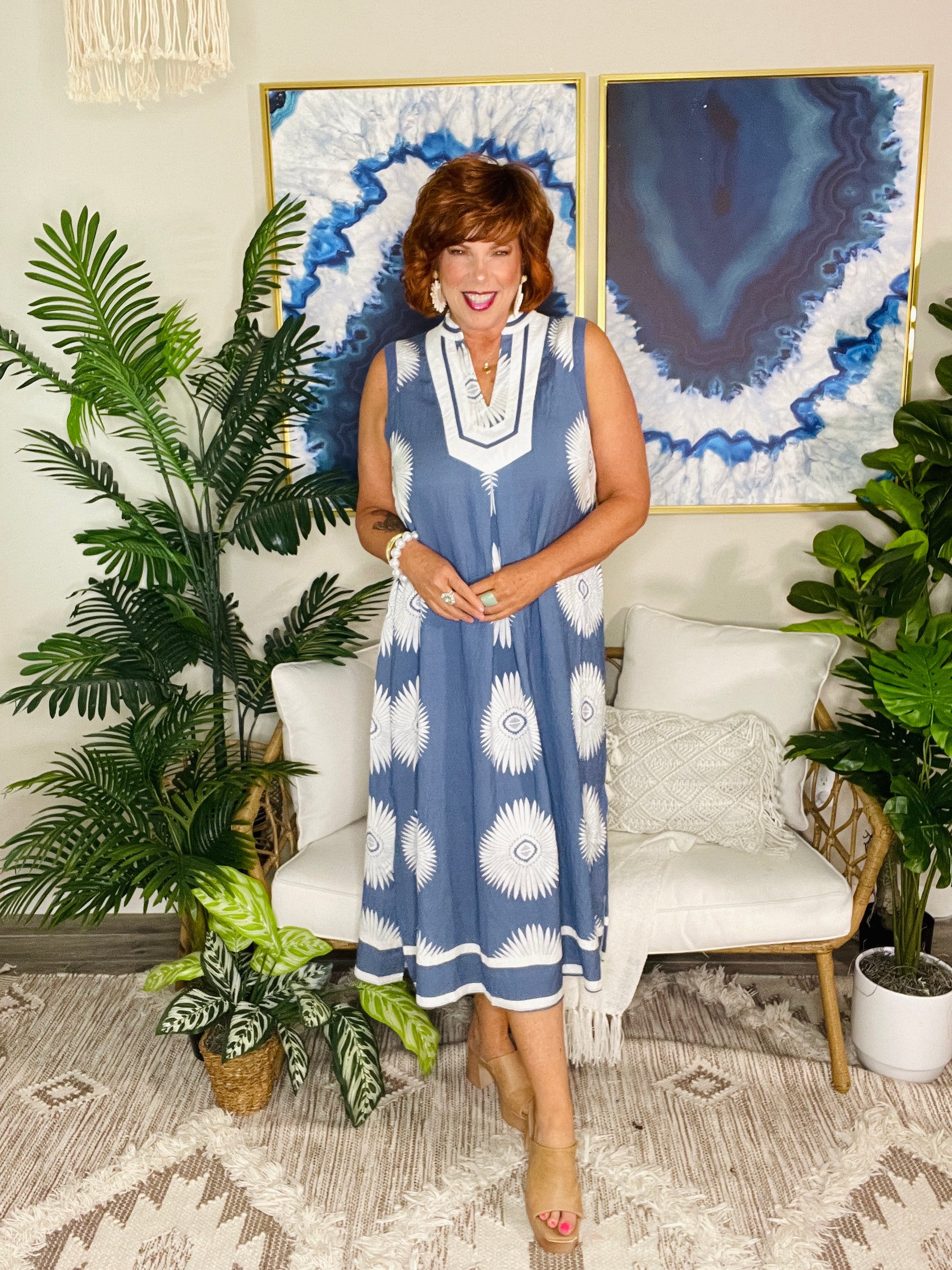 Indigo Paradise Geometric Midi Dress