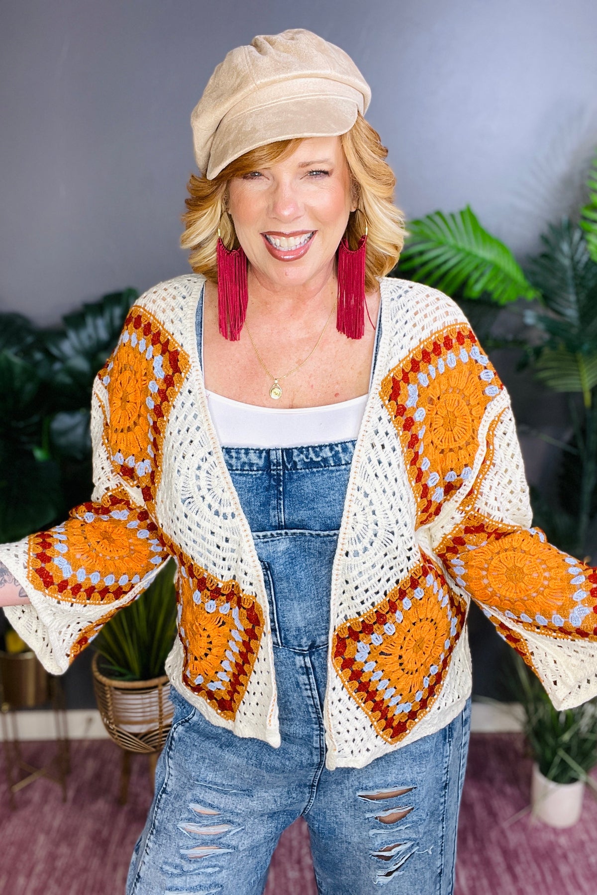 Hippie At Heart Ivory/Orange Crochet Cardigan