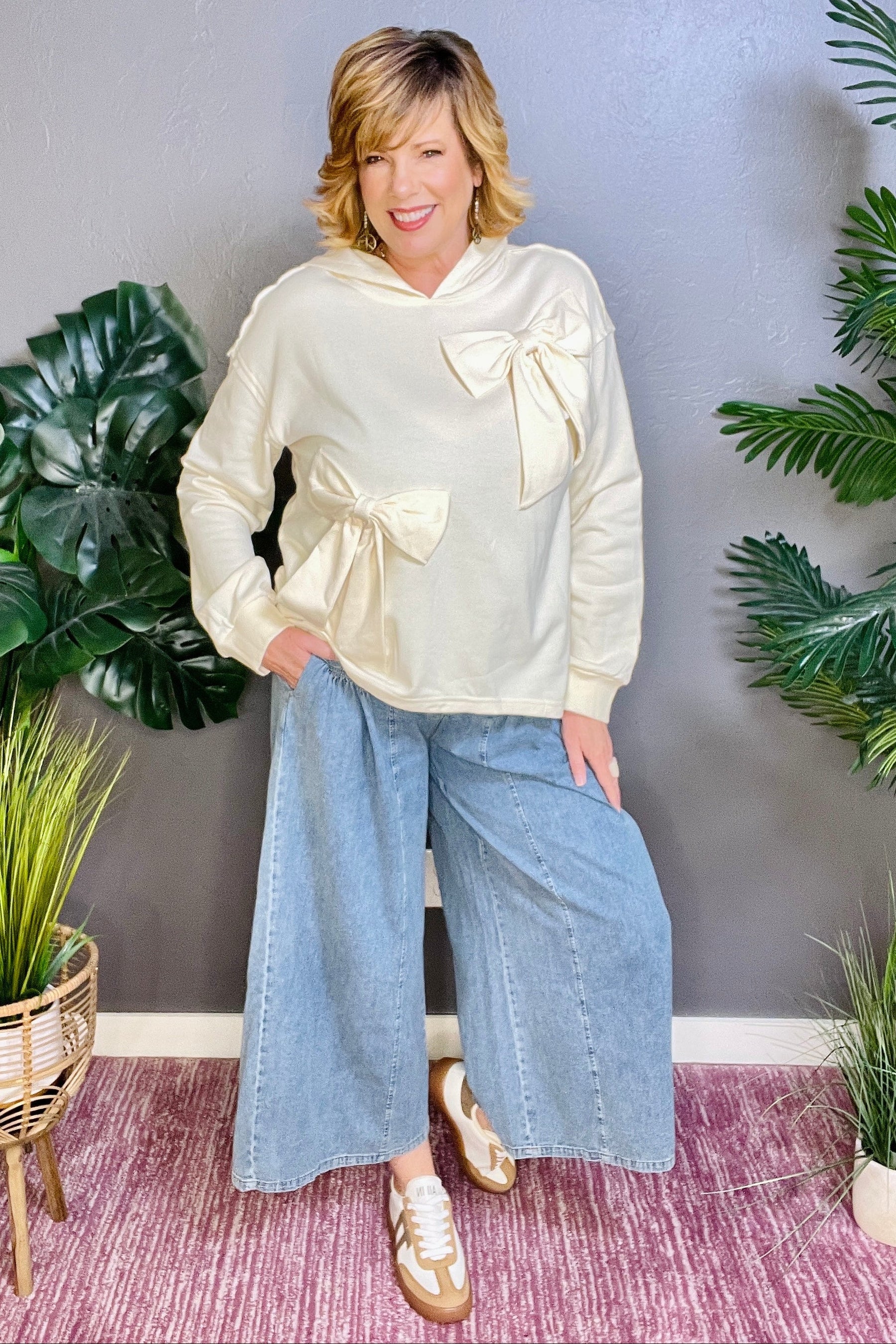 Bows & Chill Bow Detail Cream Hoodie