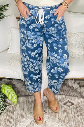 Boho Living Floral Printed Drawstring Barrel Jeans