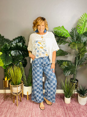Look In Check Denim Wide Leg Jeans