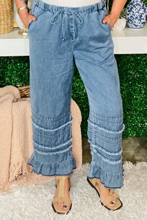 On The Scene Ruffled Hem Wide Leg Chambray Pants