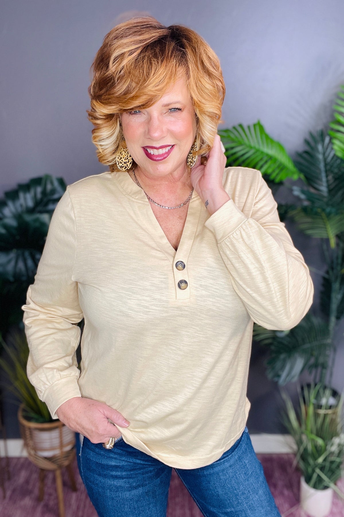 Basic Needs Beige Button V Neck Top