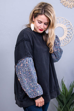 Full Of Character Black/Multi Color Velvet/Sequin Top - T10611BK