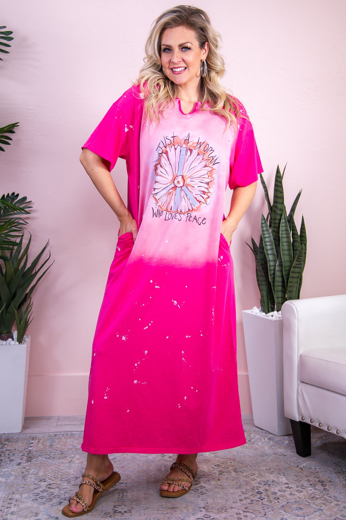 Just A Woman Loving Peace Fuchsia/Multi Color Floral/Bleach Splatter Distressed Maxi Dress - D5160FU