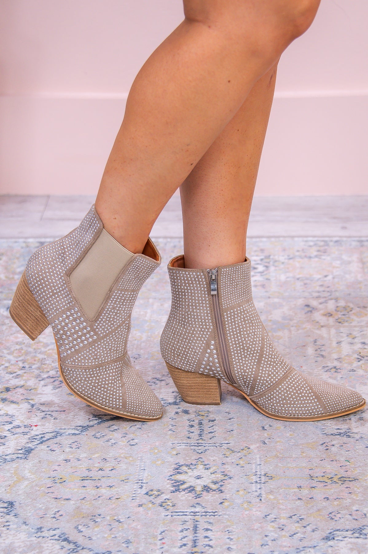 Bold Steps Taupe/Silver Studded Booties - SHO2640TA