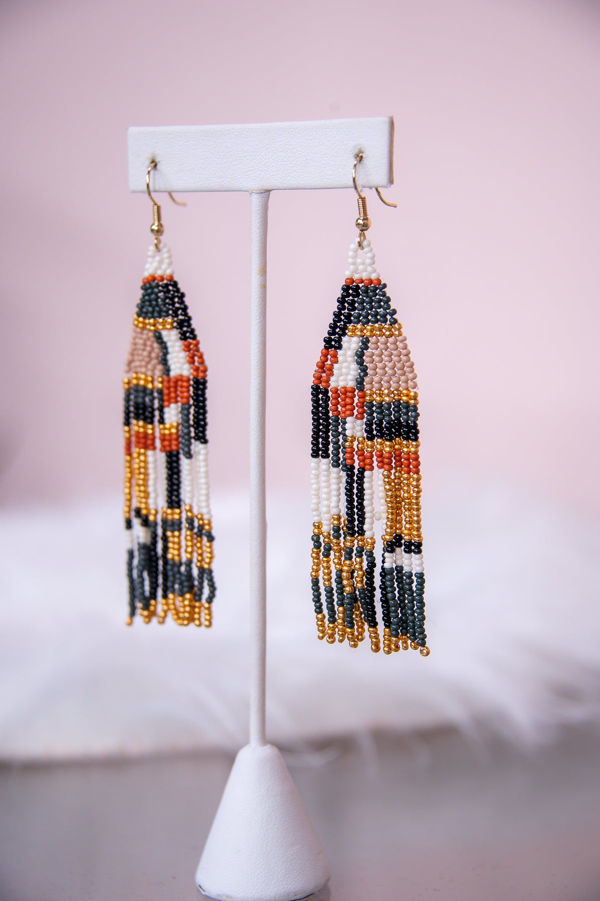 Black/Multi Color Seed Bead Tassel Earrings - EAR4141BK