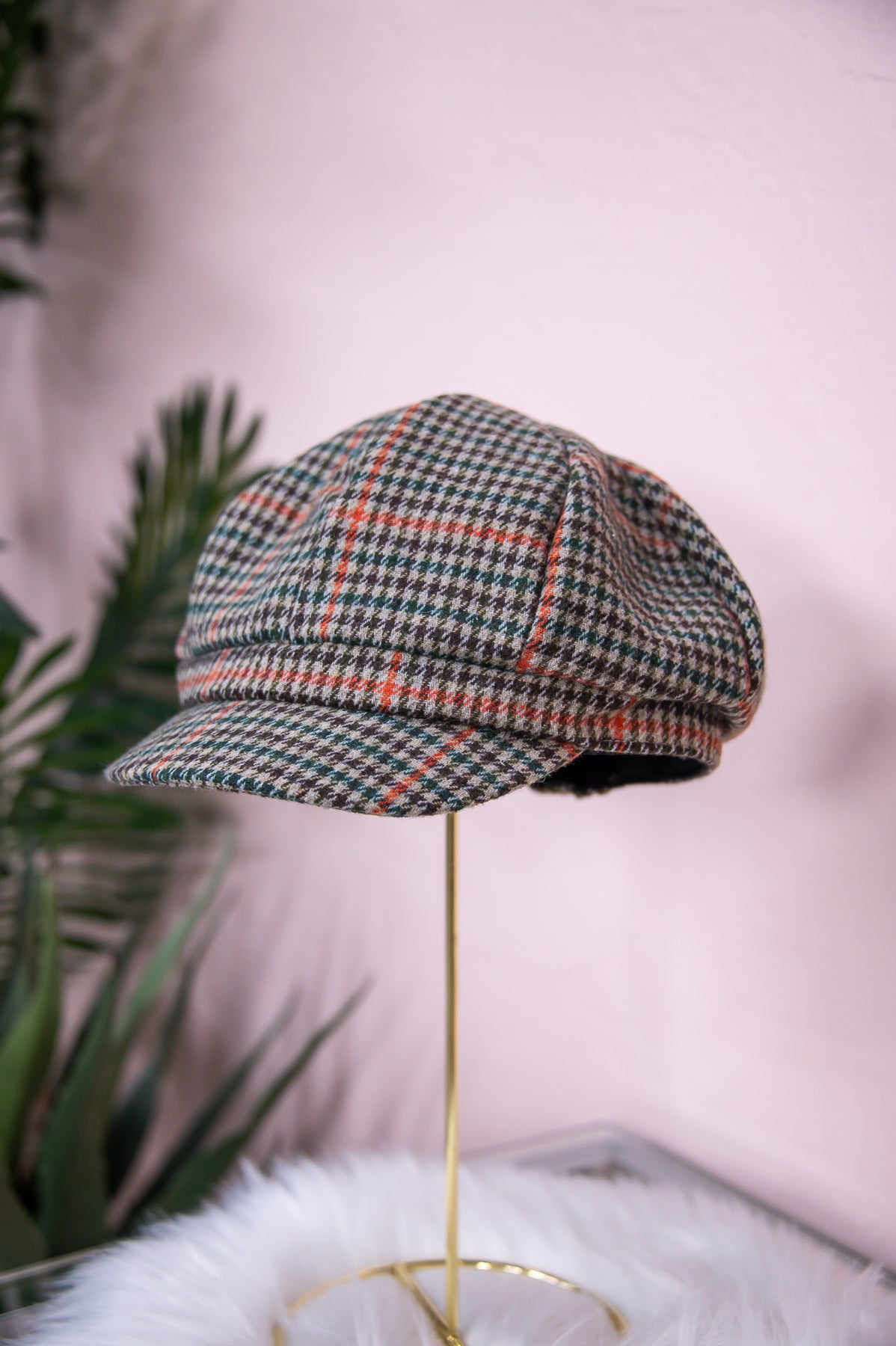 Khaki/Multi Color Houndstooth/Plaid Newsboy Hat - HAT1475KH