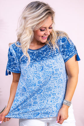 Believe In Who You Are Blue/White Floral Embroidered Top - T9131BL