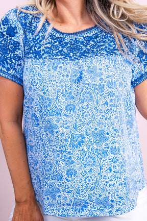 Believe In Who You Are Blue/White Floral Embroidered Top - T9131BL