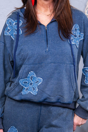 Sense Of Comfort Heather Navy Floral Hooded Top - T10636HNV