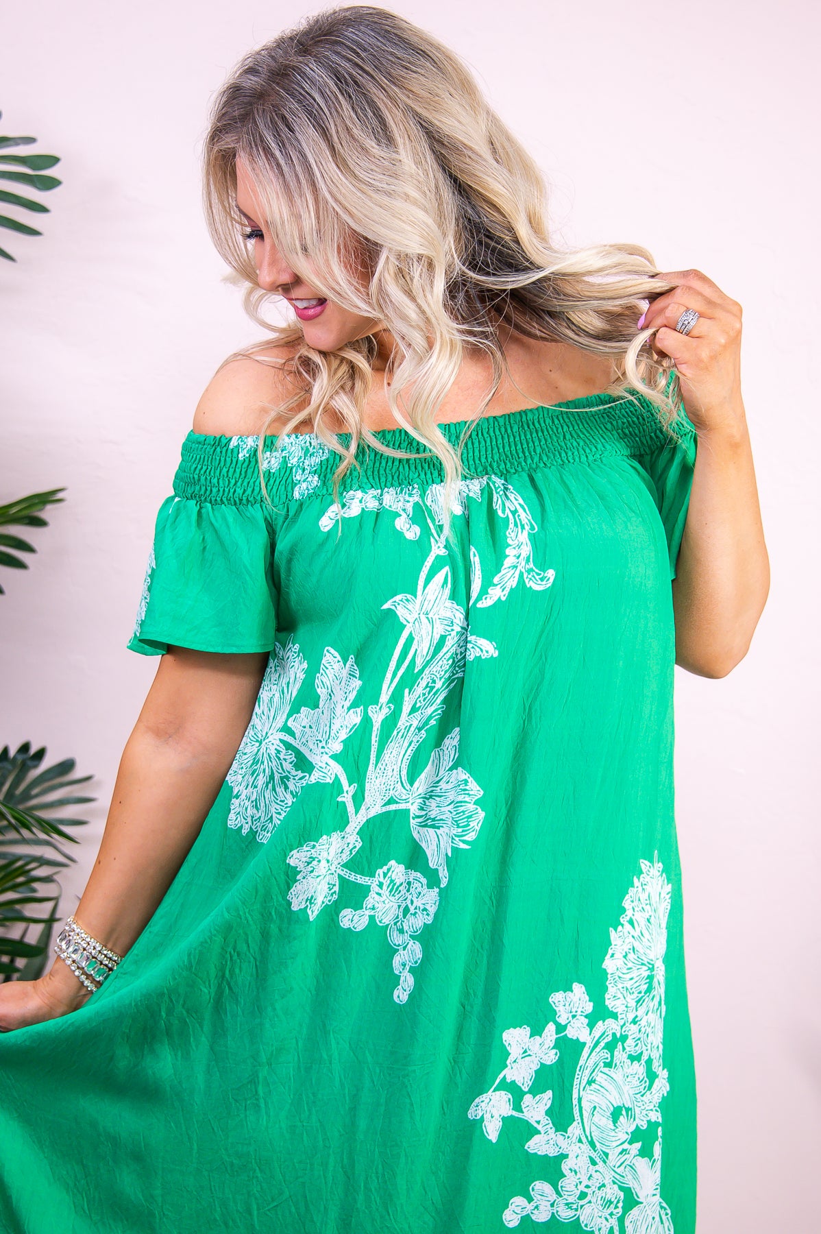 Spring In The Tropics Green/Ivory Floral Off The Shoulder Dress - D5173GN
