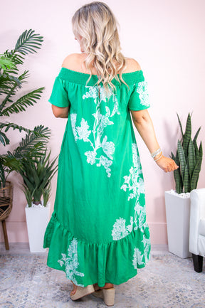 Spring In The Tropics Green/Ivory Floral Off The Shoulder Dress - D5173GN