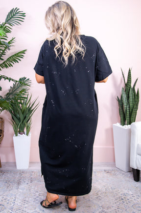 Just A Woman Loving Peace Black/Multi Color Floral/Bleach Splatter Distressed Maxi Dress - D5168BK