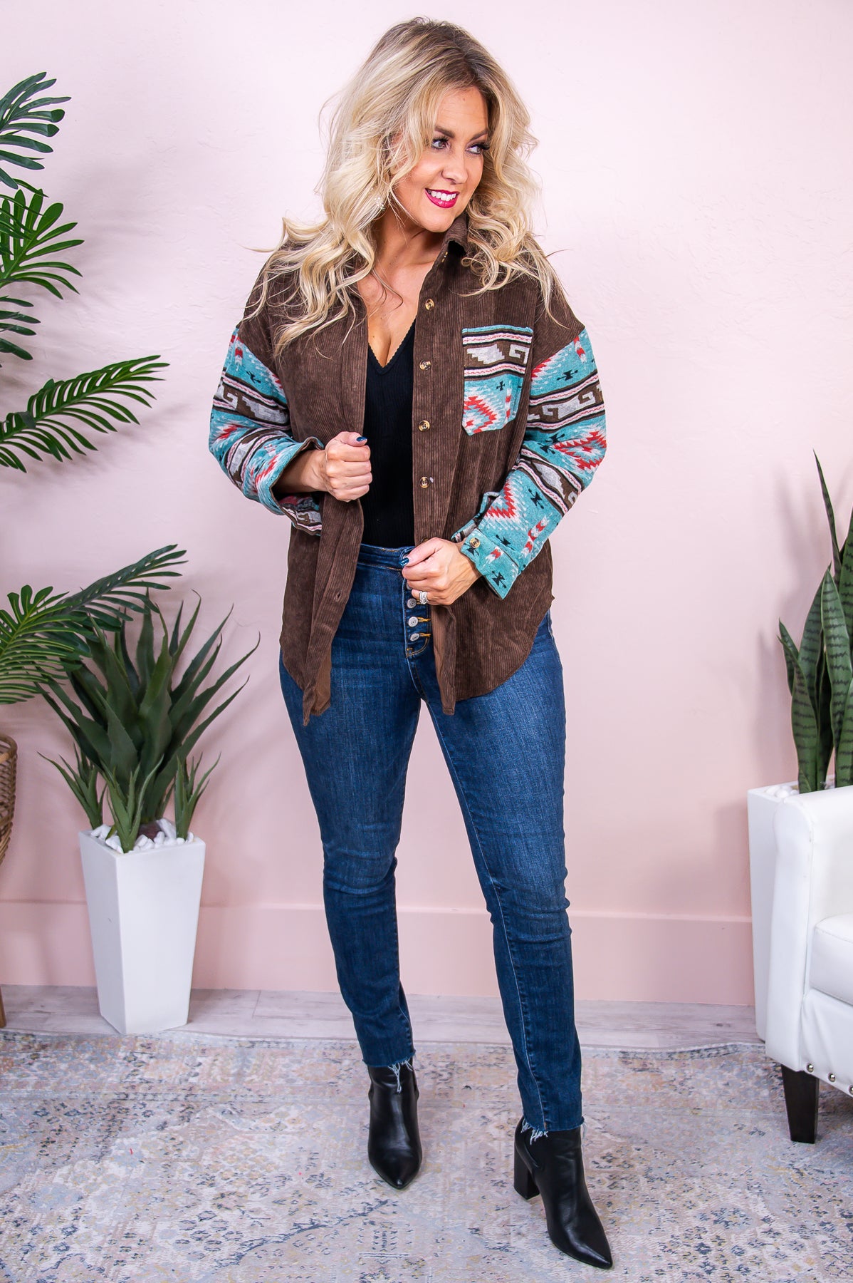 You'd Love It Here Brown/Multi Color Corduroy Tribal Jacket - O5126BR