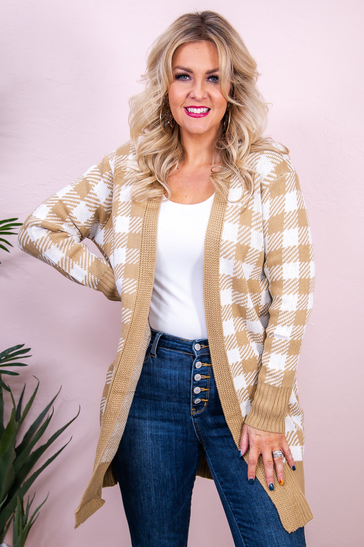 Check Me Out Khaki/Ivory Knitted Checkered Cardigan - O5121KH