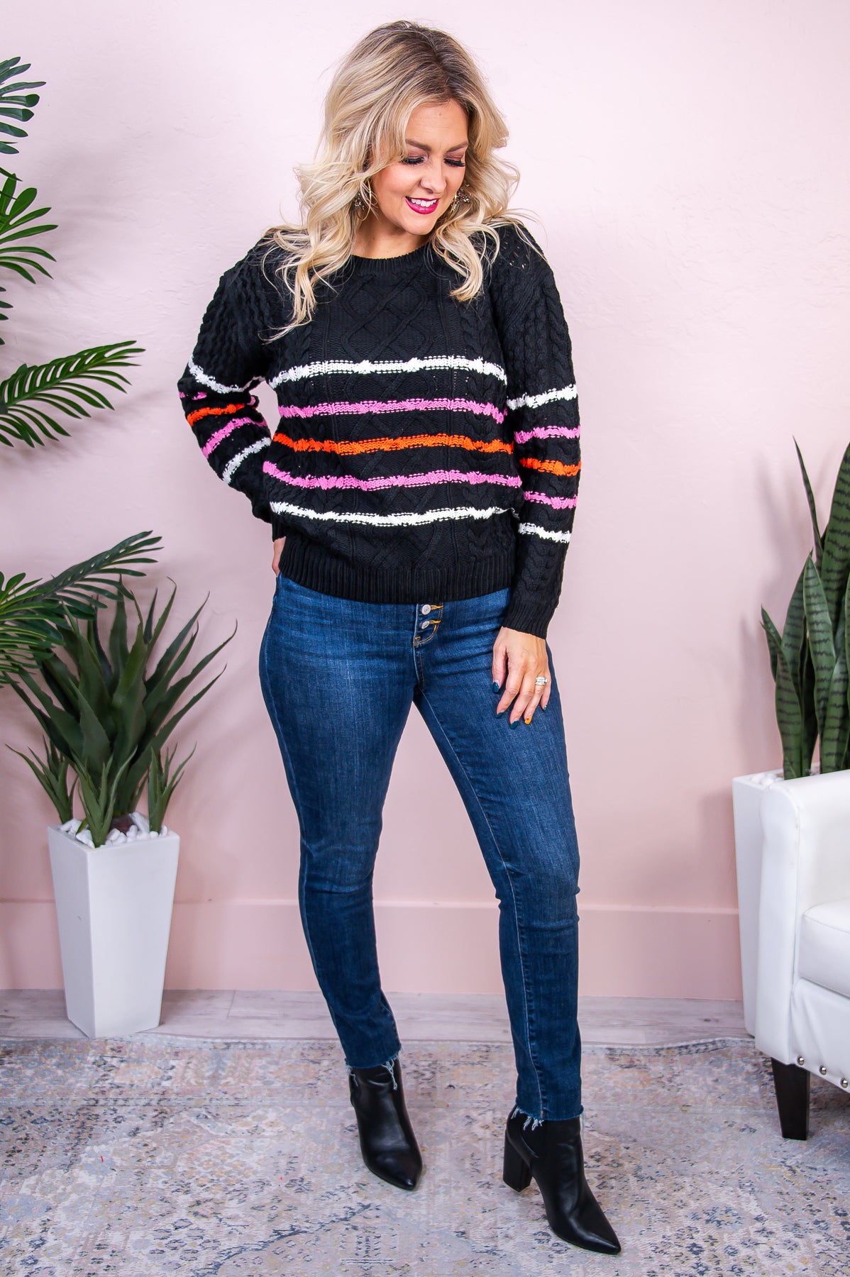 Planning To Impress Black/Multi Color Striped Knitted Sweater Top - T8455BK