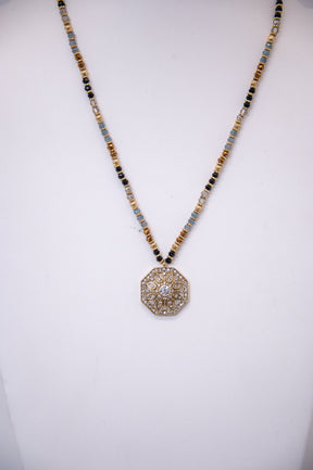 Gold/Brown/Black Beaded/Bling Medallion Necklace - NEK4250GD
