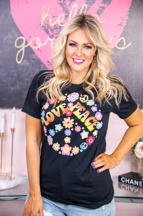 Love Peace & Flowers Black Graphic Tee - A2728BK