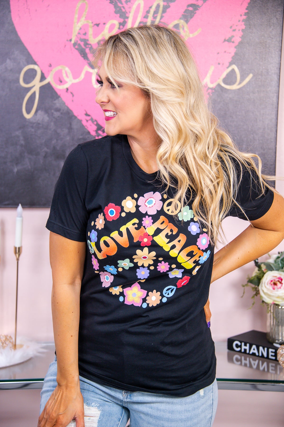 Love Peace & Flowers Black Graphic Tee - A2728BK