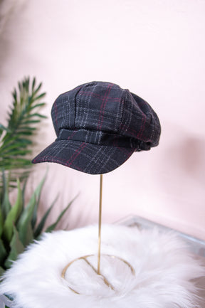 Black/Magenta Plaid Newsboy Hat - HAT1478BK